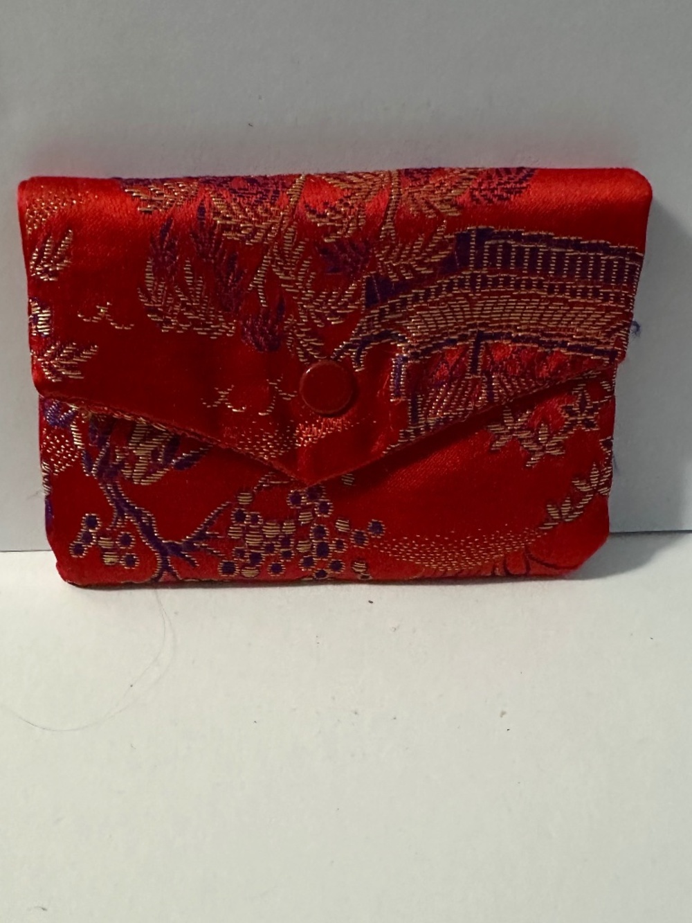Red Chinese Brocade Silk Style Card Holder Wallet Asian Floral Coin Purse